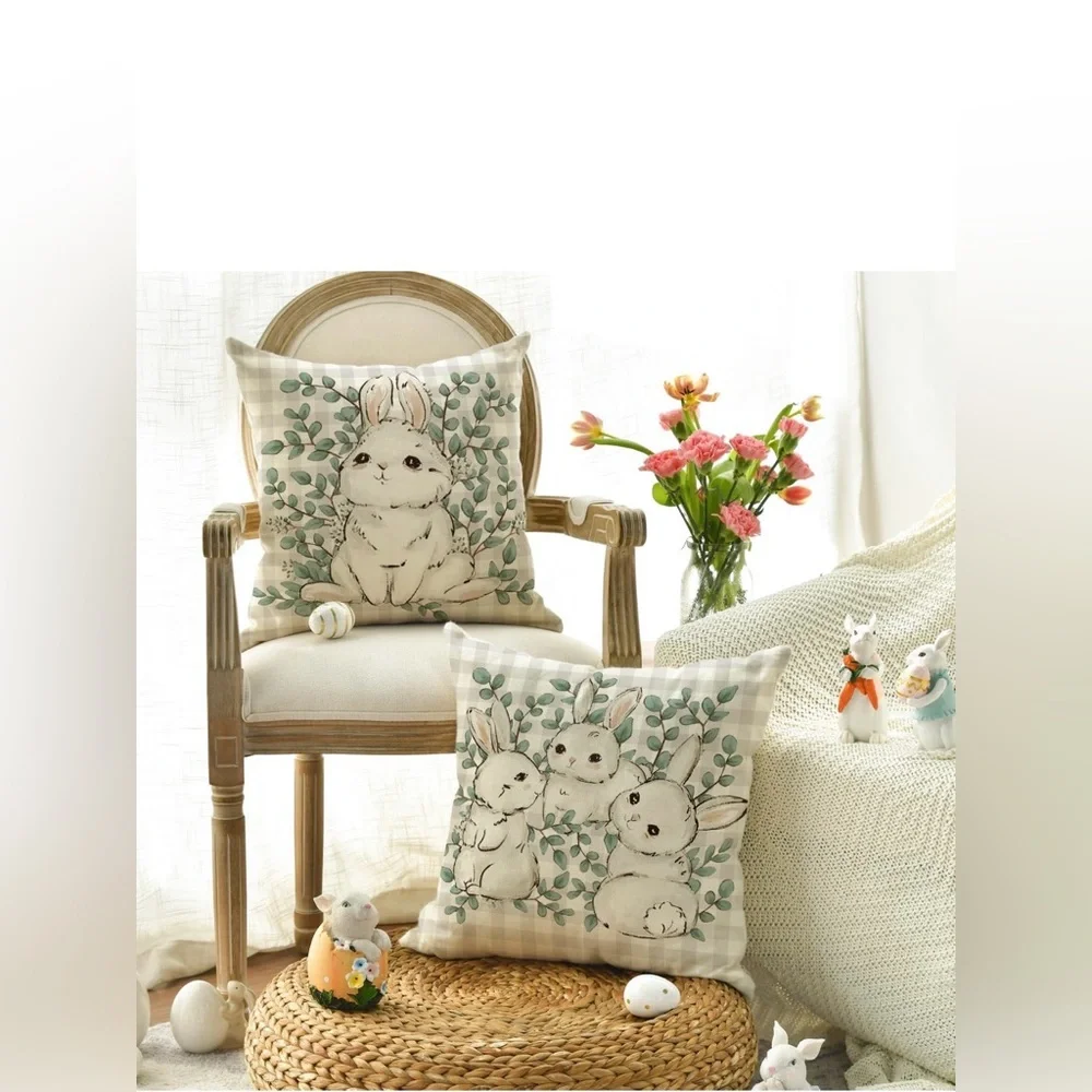 Spring Easter Bunny Decorative Throw Pillow Covers - 18”x 18” Set of 4